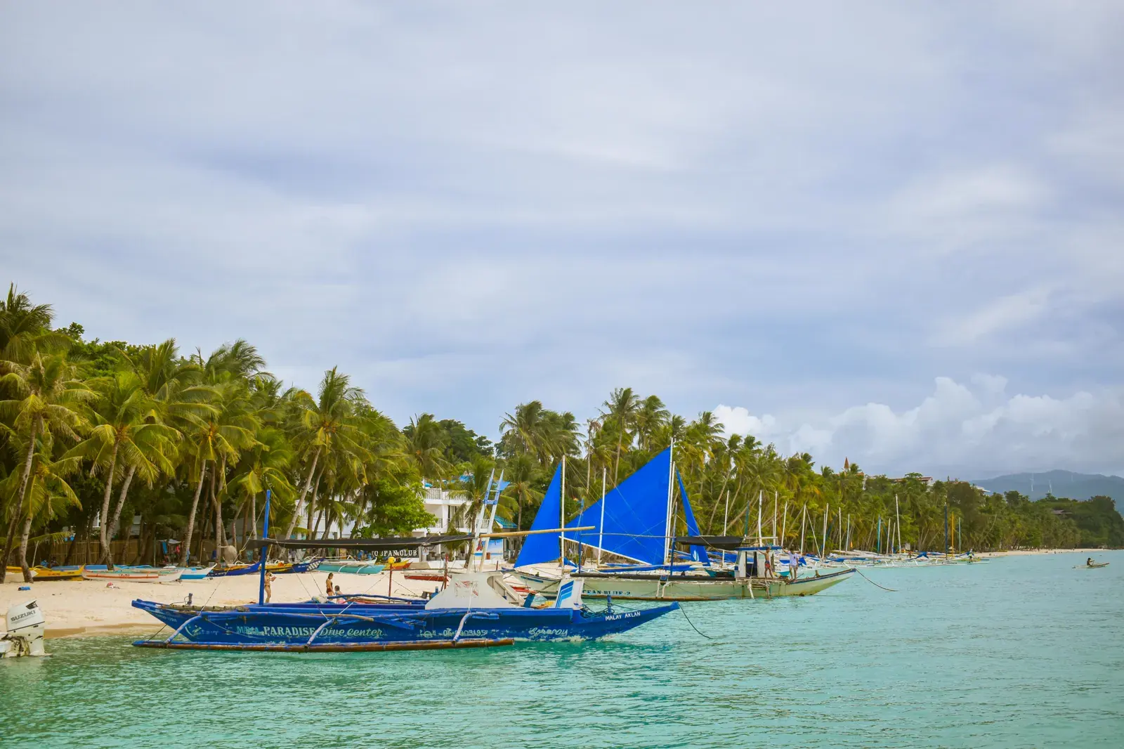 Bulabog Beach in Boracay with sailboats and the island's east-side shoreline